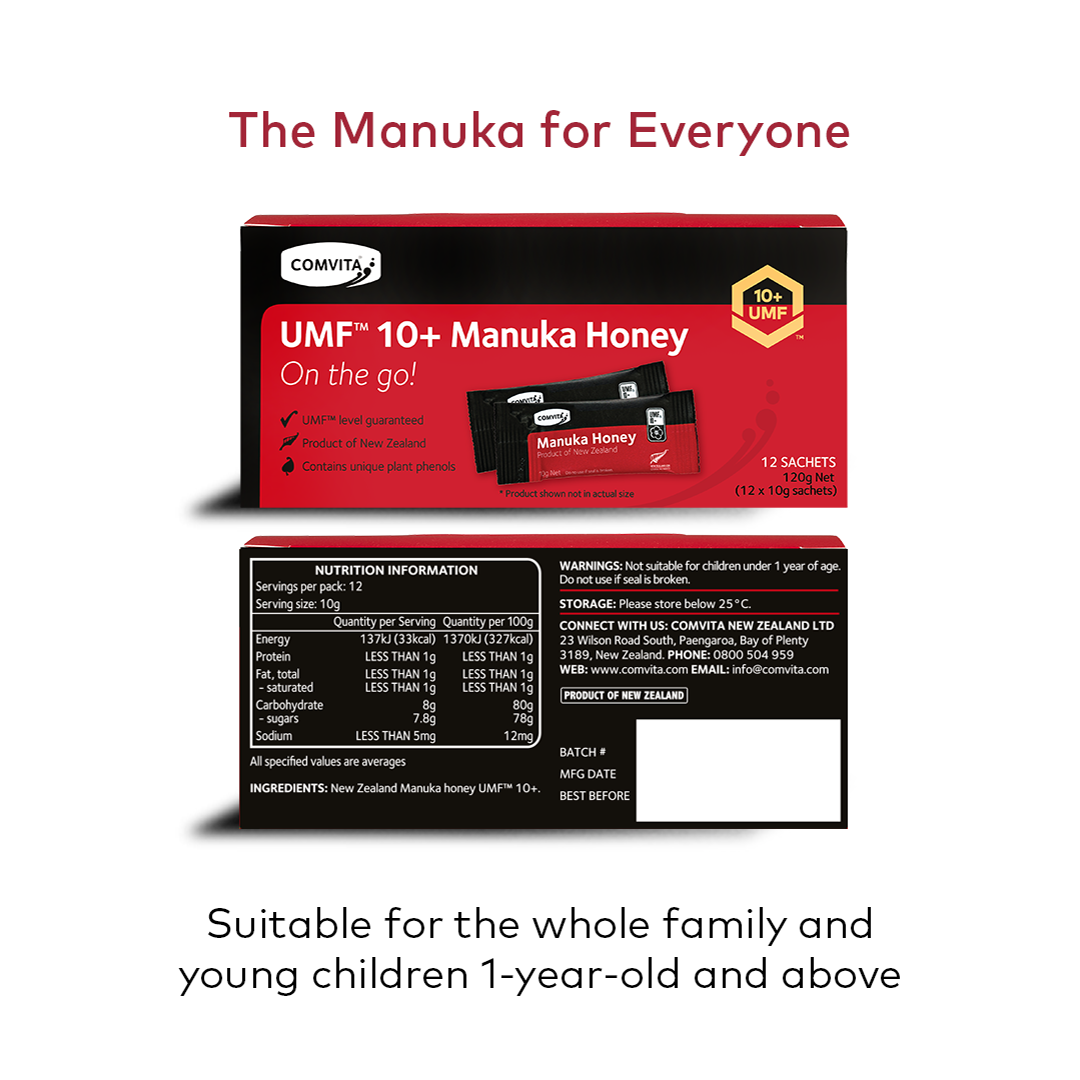 
                  
                    UMF™ 10+ Manuka Honey, 12 sachets.
                  
                